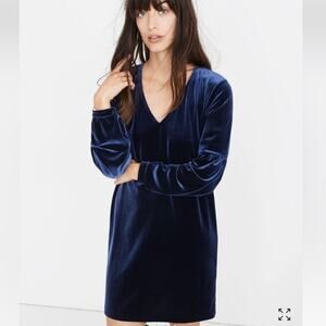 Madewell Dark Blue Velvet Balloon Sleeve Shift Mini Dress Size XS NEW